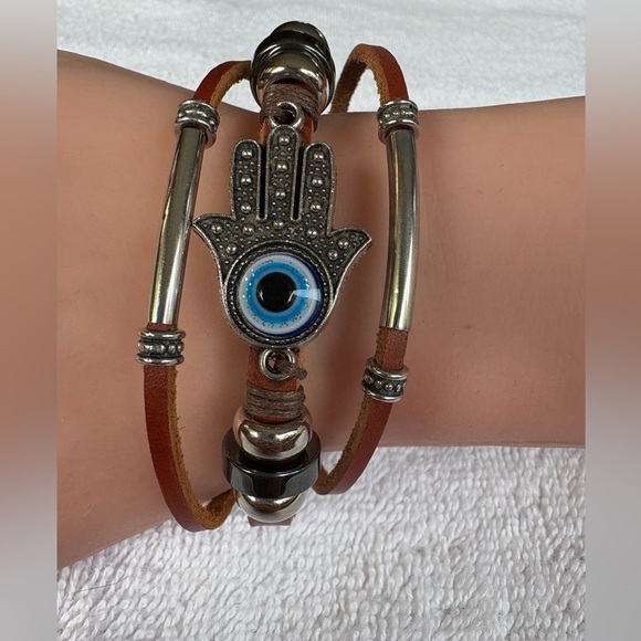 Hamsa Unisex Evil Eye Leather Wrap Bracelet - Stainless Steel Clasp - Picture 2 of 9